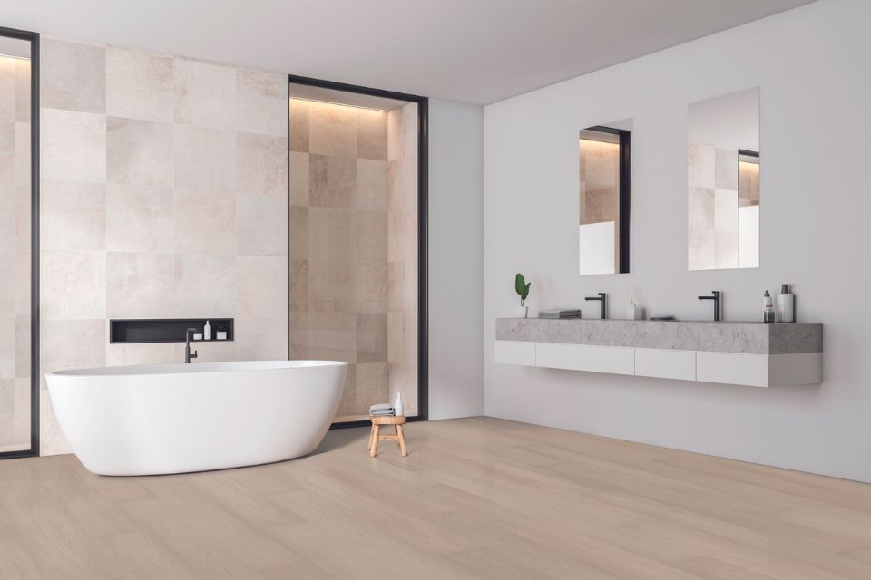 white oak luxury vinyl plank in modern minimal bathroom